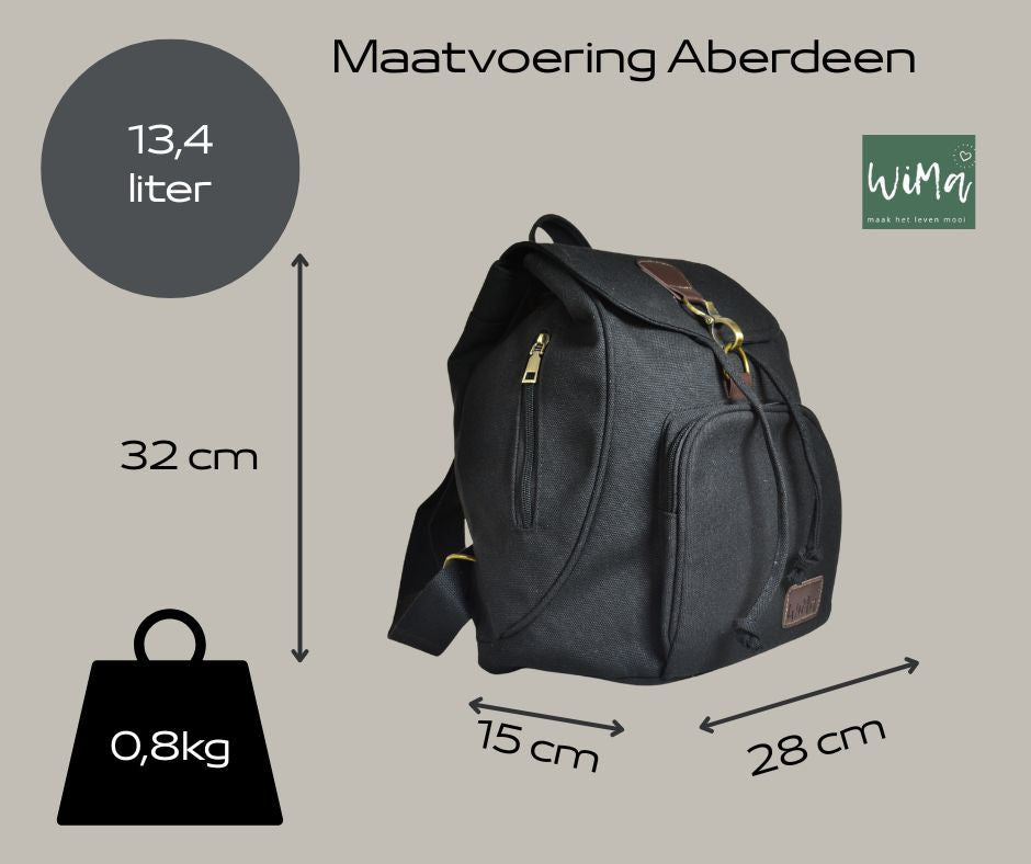 WiMa Aberdeen Rugtas – Handzaam 32×28×15 cm – Waterafstotend Canvas Zwart – Reistas, School, Handbagage - PetsAndBags