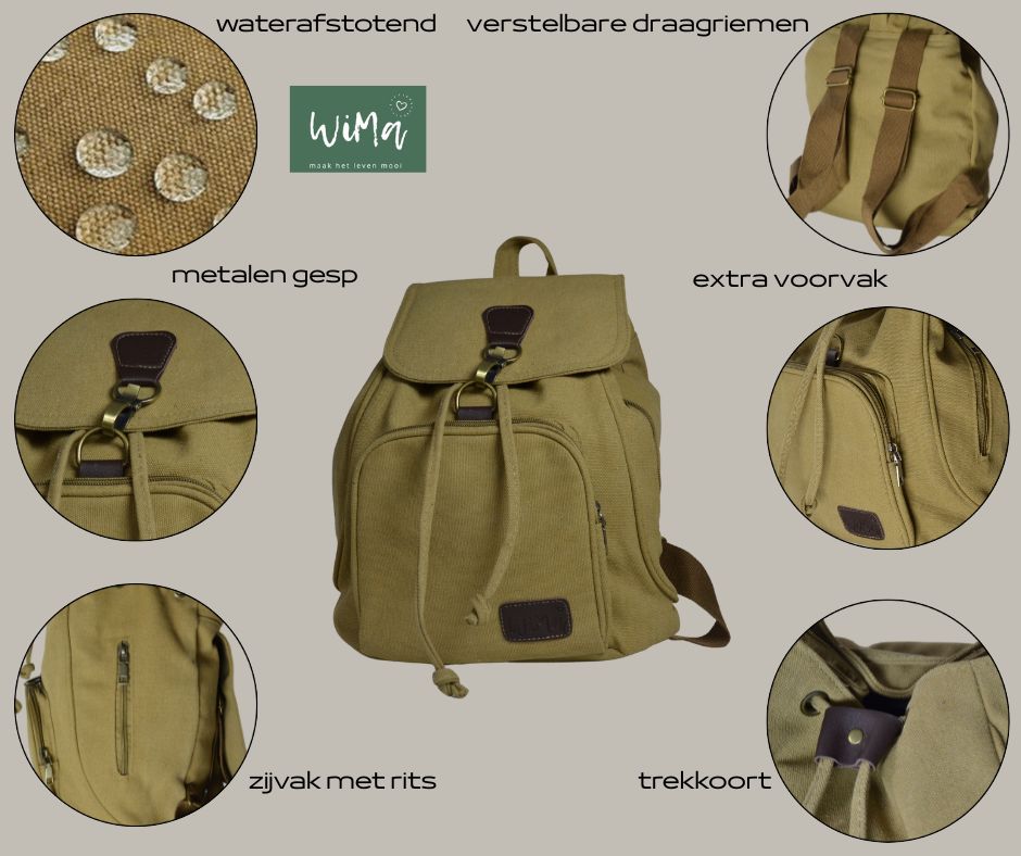 Wima Aberdeen Rugtas – Handzaam 32×28×15 cm – Waterafstotend Canvas Khaki – Reistas, School, Handbagage - PetsAndBags
