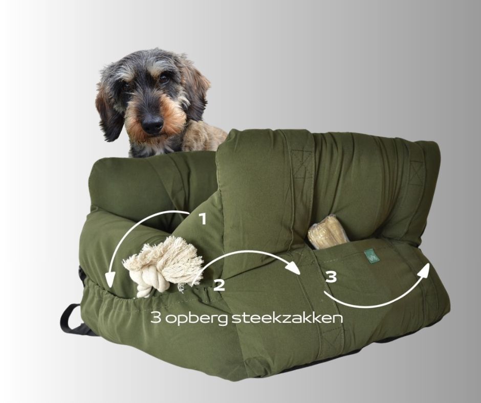 Skipper honden autostoel met veiligheidsgordel en drie handige opbergvakken voor accessoires.