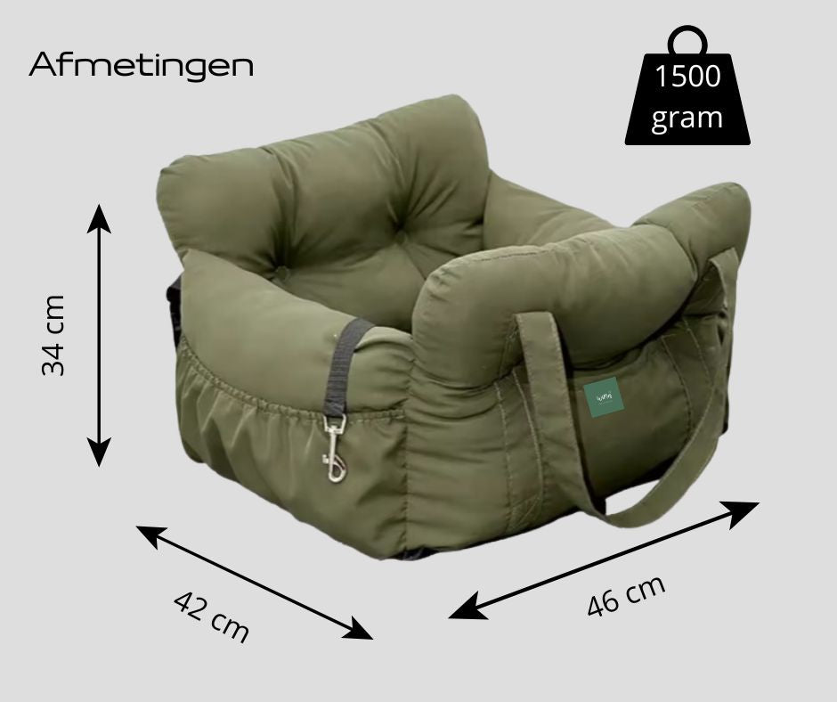 Voorbeeld van een teckel in de Skipper honden autostoel, veilig en comfortabel reizen, afmetingen.