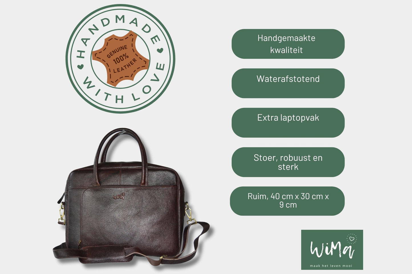 Laptoptas - Amsterdam - 17 inch - extra laptopvak - 14 inch - leer - bruin - handgemaakt - - PetsAndBags