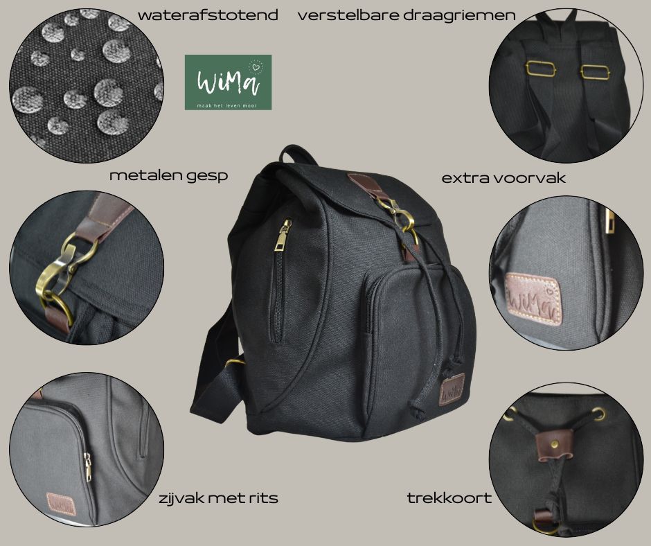 WiMa Aberdeen Rugtas – Handzaam 32×28×15 cm – Waterafstotend Canvas Zwart – Reistas, School, Handbagage - PetsAndBags
