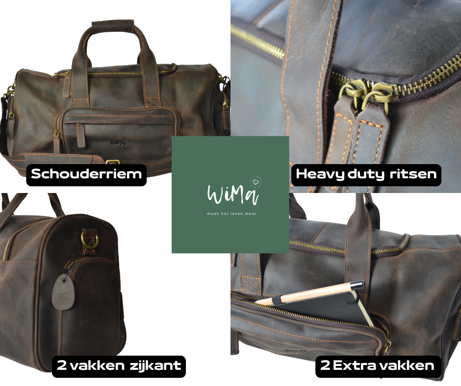 Berlin leren weekendtas – handgemaakt bruin Crazy Horse leer – 50 cm – compact – met schouderriem – - PetsAndBags
