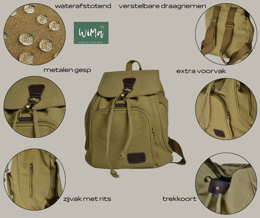 Wima Aberdeen Rugtas – Handzaam 32×28×15 cm – Waterafstotend Canvas Khaki – Reistas, School, Handbagage - PetsAndBags