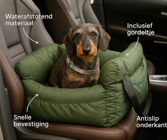 Groene Skipper honden autostoel geschikt voor voorstoel en achterbank, comfortabel en veilig reizen met je hond.