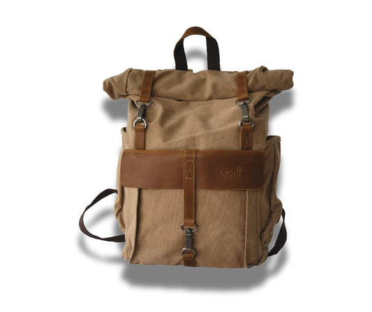 Rugzak Wales Vintage Khaki Canvas en 100% echt leder - PetsAndBags