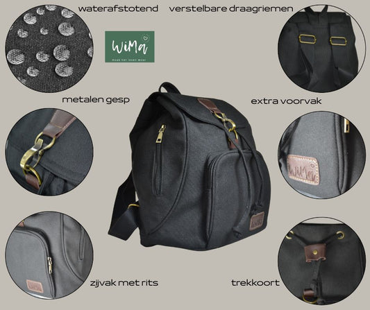 WiMa Aberdeen Rugtas – Handzaam 32×28×15 cm – Waterafstotend Canvas Zwart – Reistas, School, Handbagage - PetsAndBags